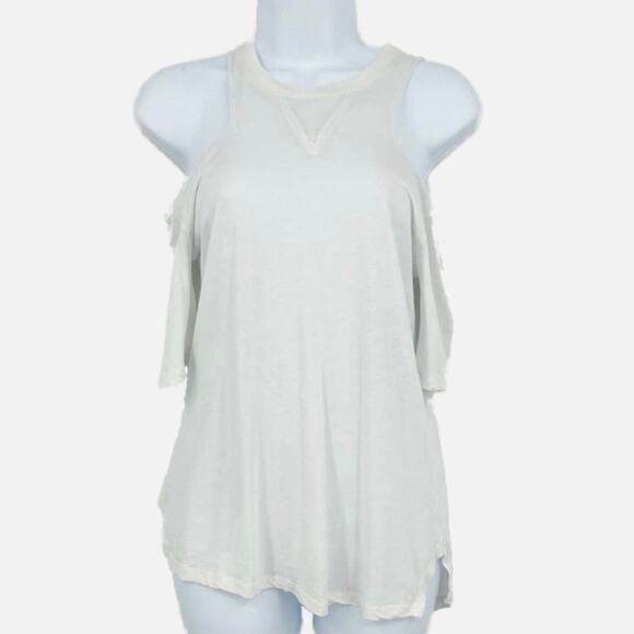 Bcbgeneration Women T-Shirt XXS White Cold Shoulder Short Sleeve Crew Neck Hi Lo - Picture 1 of 6